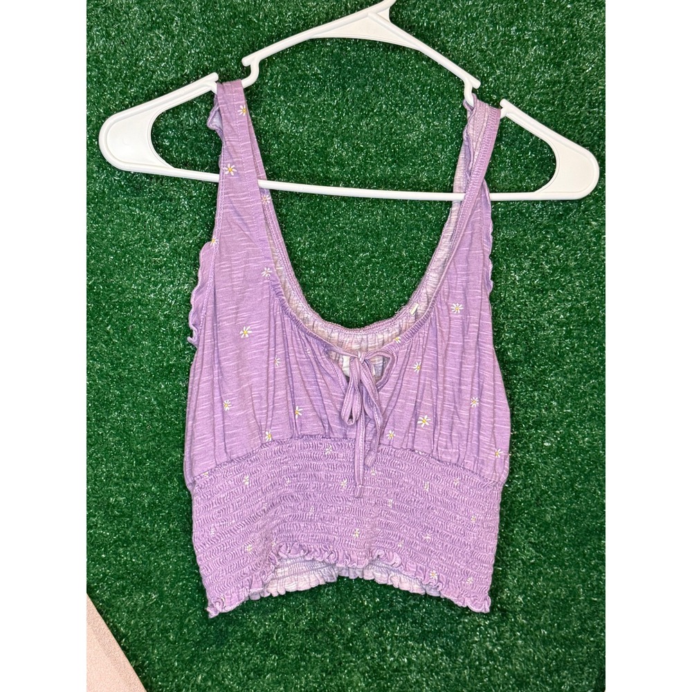 Small Me to We Purple Daisy Floral Smocked Crop Tank Top Tie Front